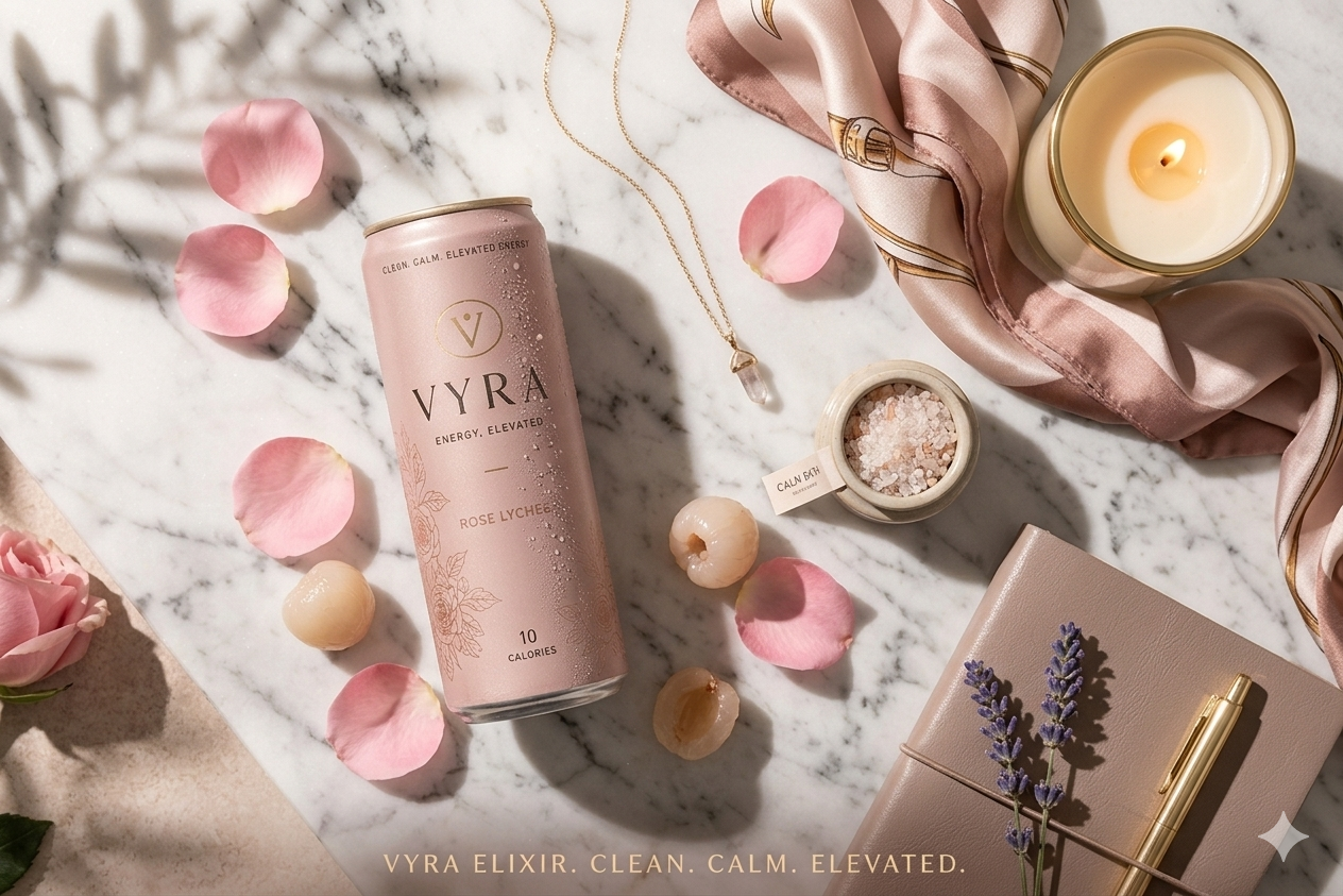 Vyra flatlay with rose petals, candle, journal, and crystals