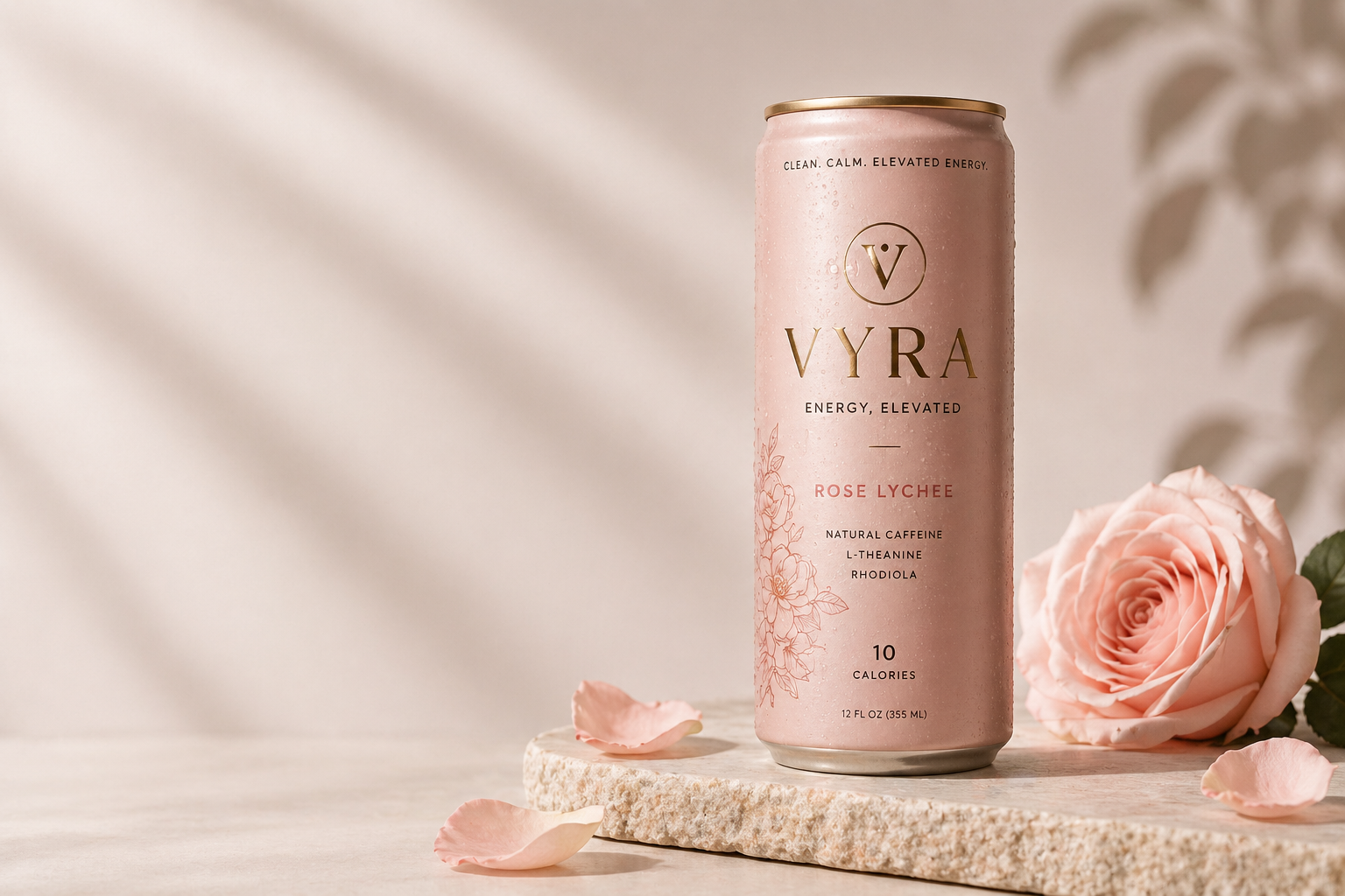Vyra Elixir Rose Lychee can with rose and petals on stone